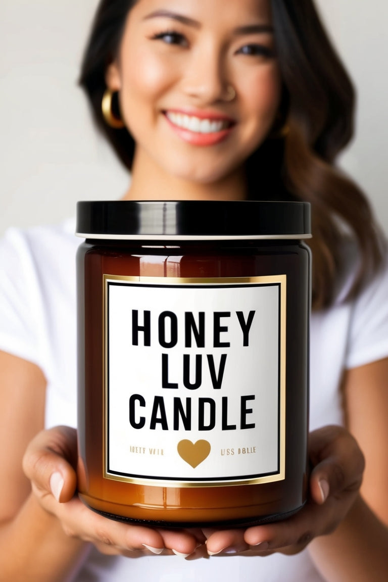 Close-up of Honey Luv Candle with a honey-infused fragrance, glowing softly in a peaceful and serene setting for ultimate relaxation."