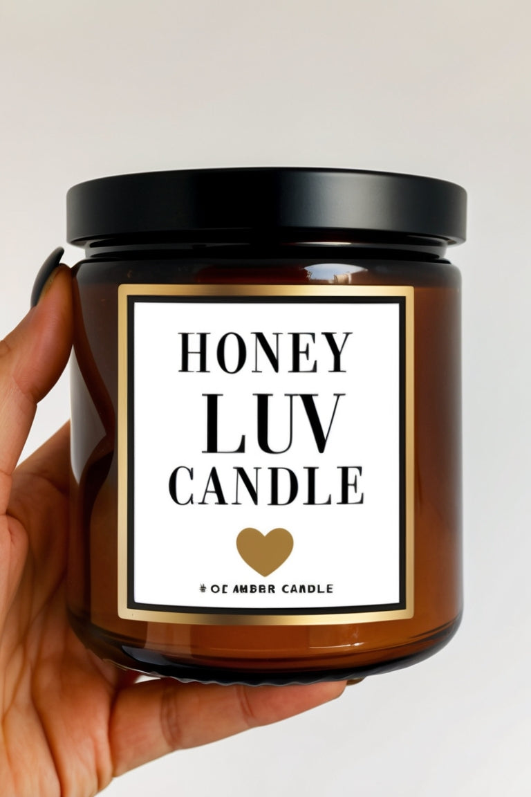 "Honey Luv Candle burning with a soft glow, surrounded by honeycomb and natural elements, creating a relaxing and comforting ambiance.