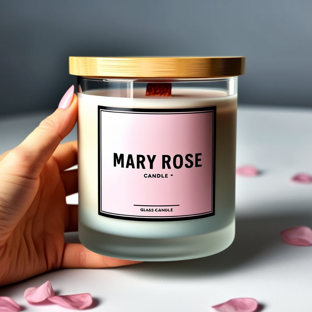 "Eco-friendly soy candle with a citrus aroma, placed on a wooden surface with herbal accents."